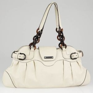 SALVATORE FERRAGAMO White Leather & Wood Satchel